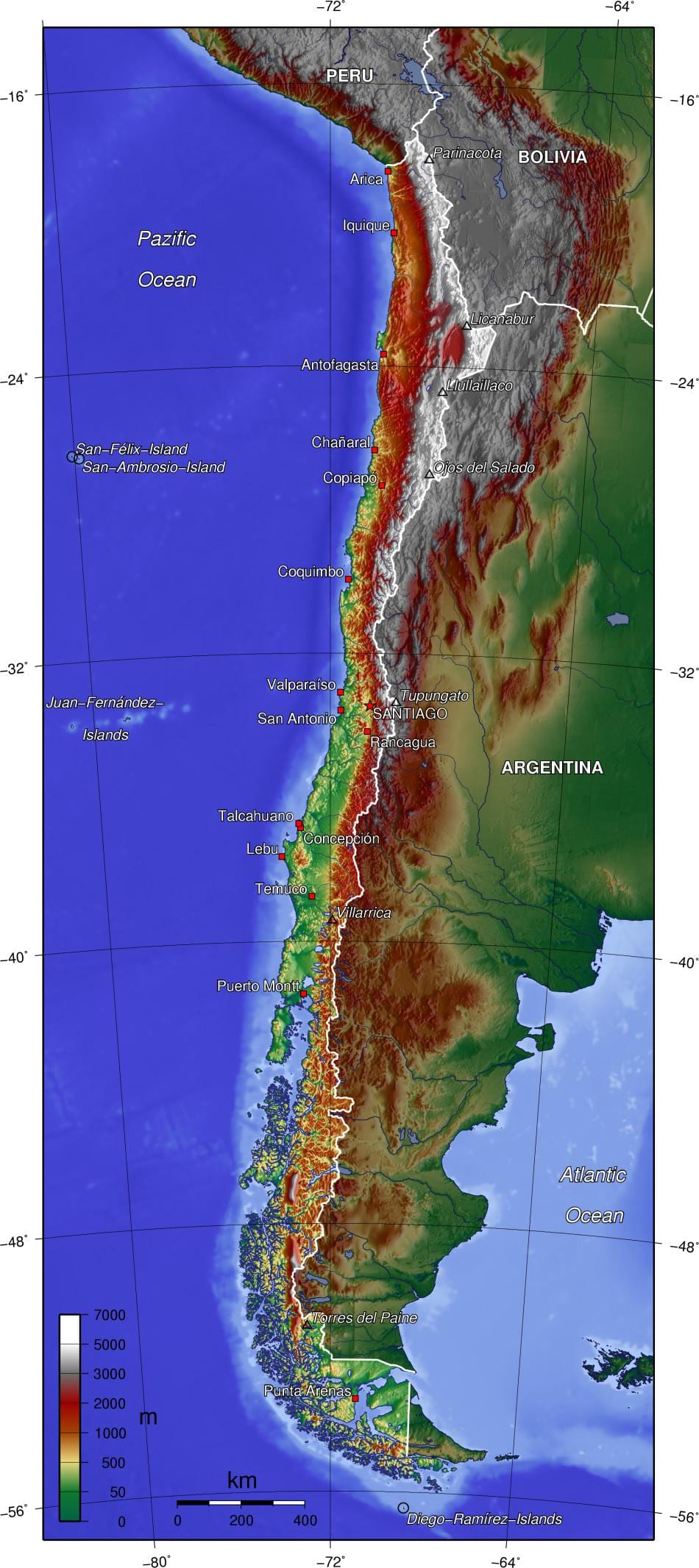 fjöll í Chile kort