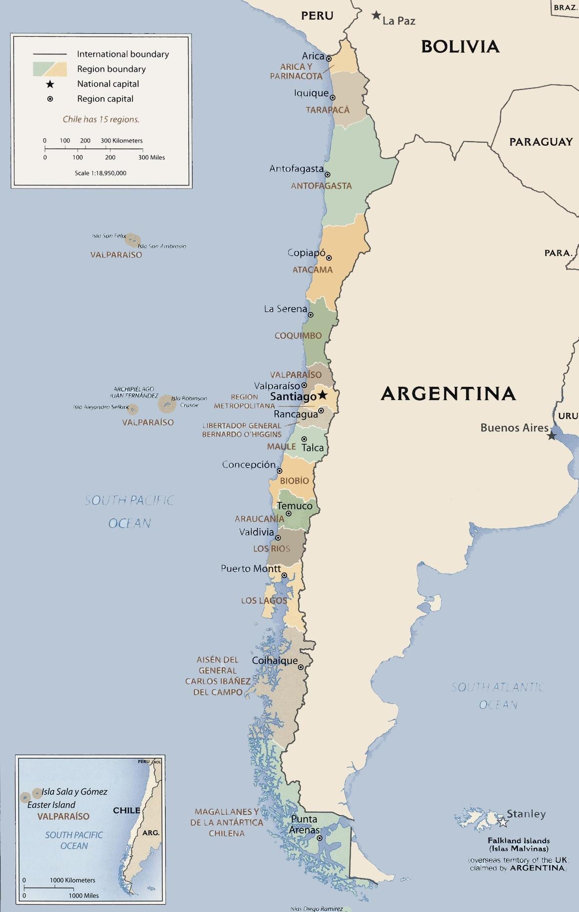 Kort af pólitískum Chile